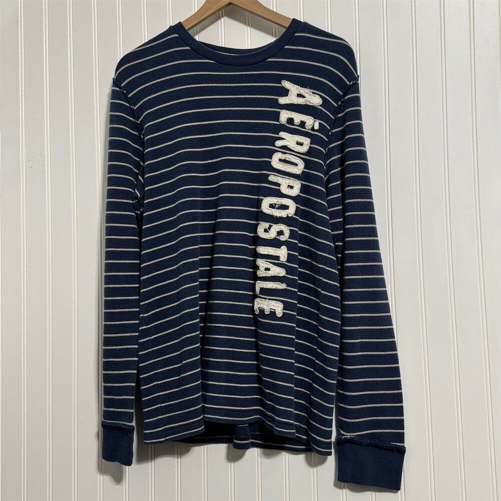 Aéropostale L Striped Thermal Waffle Knit Shirt Y2K Vertical Logo Navy Prep